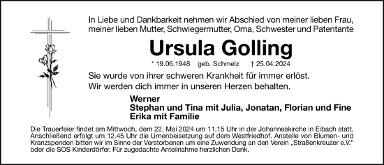 Traueranzeige von Ursula Golling von Gesamtausgabe Nürnberger Nachrichten/ Nürnberger Ztg.