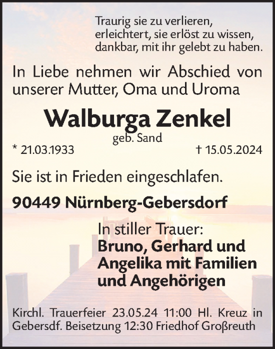 Traueranzeige von Walburga Zenkel von Gesamtausgabe Nürnberger Nachrichten/ Nürnberger Ztg.