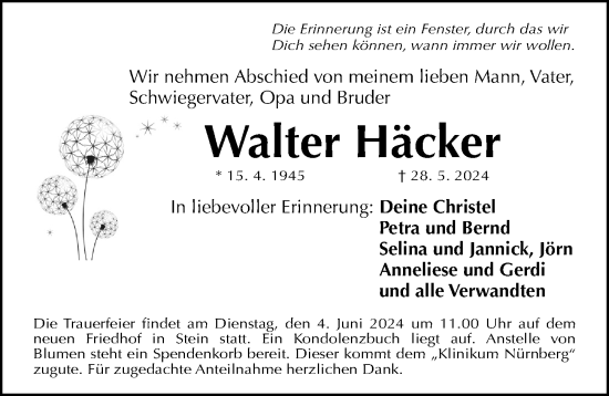 Traueranzeige von Walter Häcker von Gesamtausgabe Nürnberger Nachrichten/ Nürnberger Ztg.