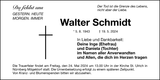 Traueranzeige von Walter Schmidt von Gesamtausgabe Nürnberger Nachrichten/ Nürnberger Ztg.