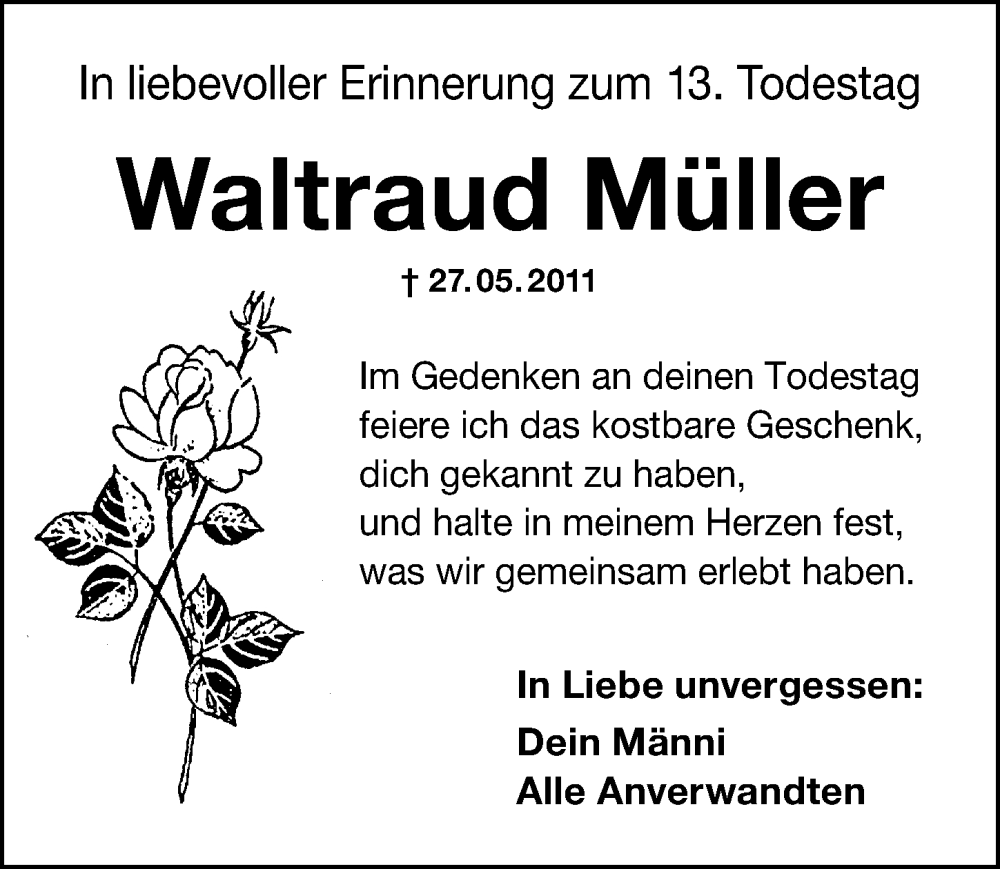  Traueranzeige für Waltraud Müller vom 27.05.2024 aus Schwabacher Tagblatt Lokal
