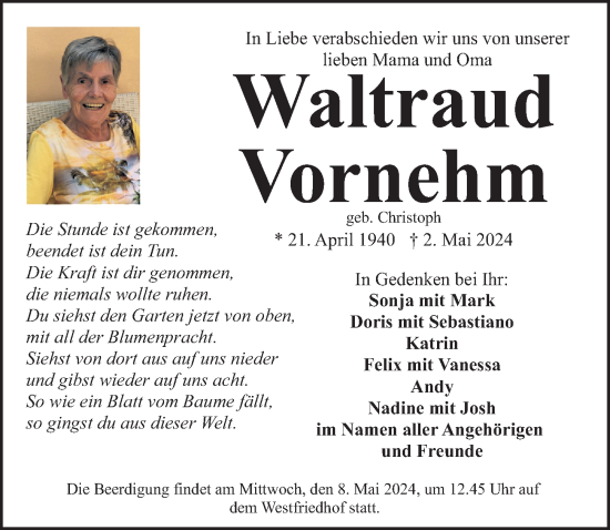 Traueranzeige von Waltraud Vornehm von Gesamtausgabe Nürnberger Nachrichten/ Nürnberger Ztg.
