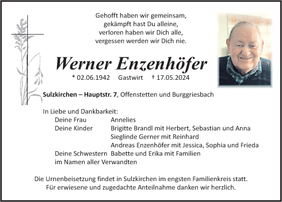 Traueranzeige von Werner Enzenhöfer von Neumarkter Nachrichten Lokal