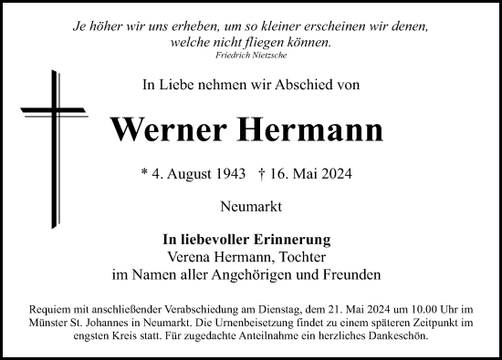Traueranzeige von Werner Hermann von Neumarkter Nachrichten Lokal