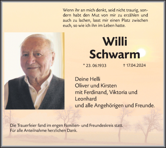 Traueranzeige von Willi Schwarm von Gesamtausgabe Nürnberger Nachrichten/ Nürnberger Ztg.