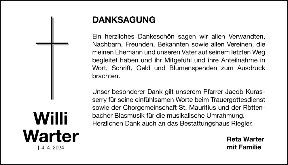  Traueranzeige für Willi Warter vom 11.05.2024 aus Nordbayerische Nachrichten Herzogenaurach Lokal