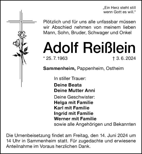 Traueranzeige von Adolf Reißlein von Altmühl-Bote Lokal