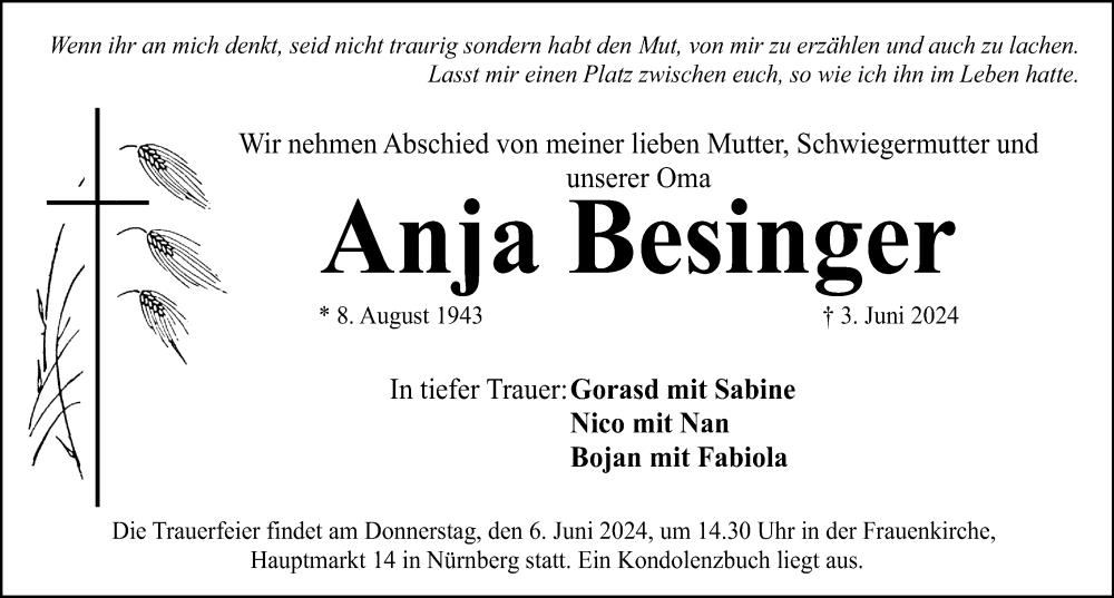  Traueranzeige für Anja Besinger vom 05.06.2024 aus Gesamtausgabe Nürnberger Nachrichten/ Nürnberger Ztg.