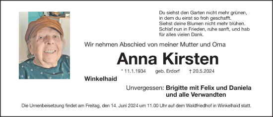 Traueranzeige von Anna Kirsten von Gesamtausgabe Nürnberger Nachrichten/ Nürnberger Ztg.