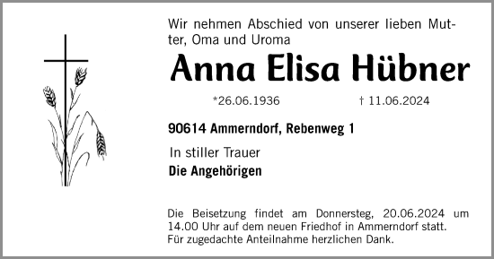 Traueranzeige von Anna Elisa Hübner von Fürther Nachrichten Lokal