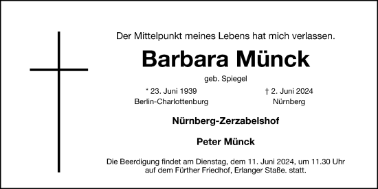 Traueranzeige von Barbara Münck von Gesamtausgabe Nürnberger Nachrichten/ Nürnberger Ztg.