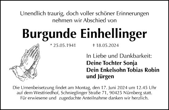 Traueranzeige von Burgunde Einhellinger von Gesamtausgabe Nürnberger Nachrichten/ Nürnberger Ztg.