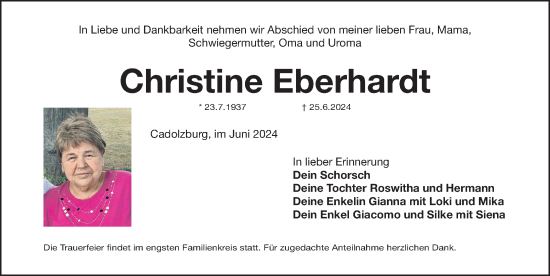 Traueranzeige von Christine Eberhardt von Fürther Nachrichten Lokal