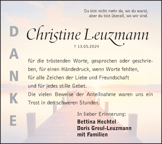 Traueranzeige von Christine Leuzmann von Gesamtausgabe Nürnberger Nachrichten/ Nürnberger Ztg.