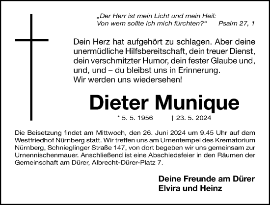 Traueranzeige von Dieter Munique von Gesamtausgabe Nürnberger Nachrichten/ Nürnberger Ztg.