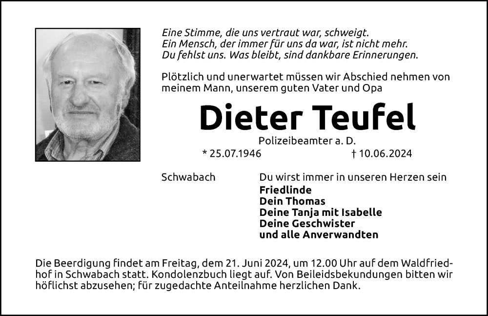  Traueranzeige für Dieter Teufel vom 17.06.2024 aus Schwabacher Tagblatt Lokal