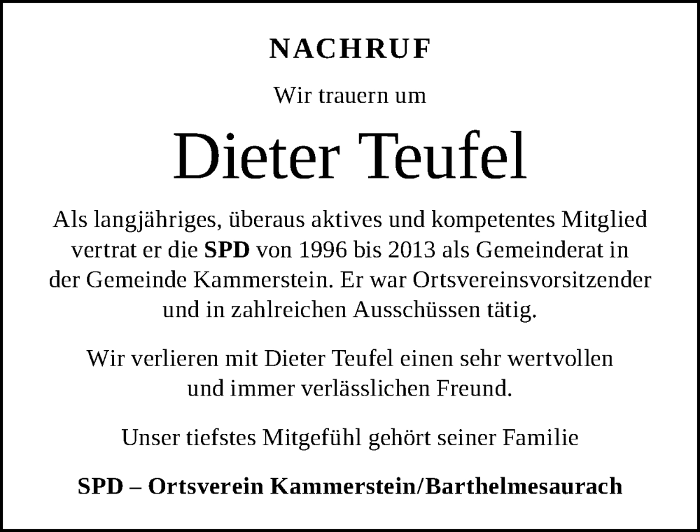  Traueranzeige für Dieter Teufel vom 17.06.2024 aus Schwabacher Tagblatt Lokal