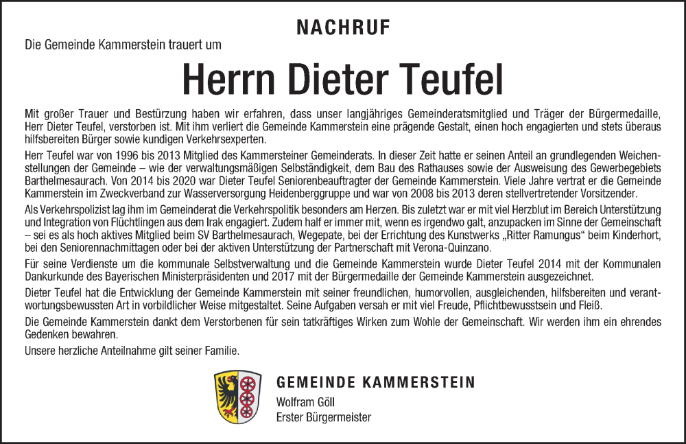  Traueranzeige für Dieter Teufel vom 17.06.2024 aus Schwabacher Tagblatt Lokal