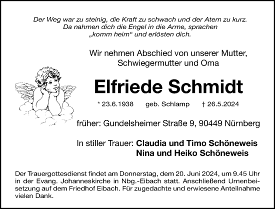 Traueranzeige von Elfriede Schmidt von Gesamtausgabe Nürnberger Nachrichten/ Nürnberger Ztg.