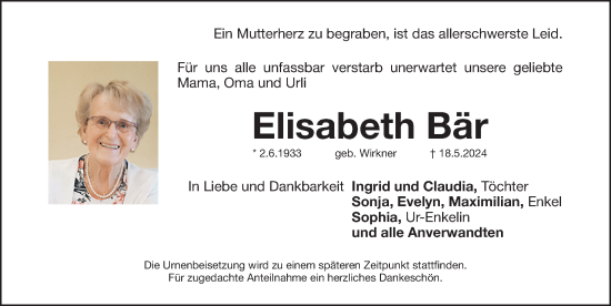 Traueranzeige von Elisabeth Bär von Fürther Nachrichten Lokal