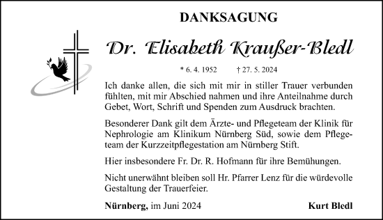 Traueranzeige von Elisabeth Kraußer-Bledl von Gesamtausgabe Nürnberger Nachrichten/ Nürnberger Ztg.