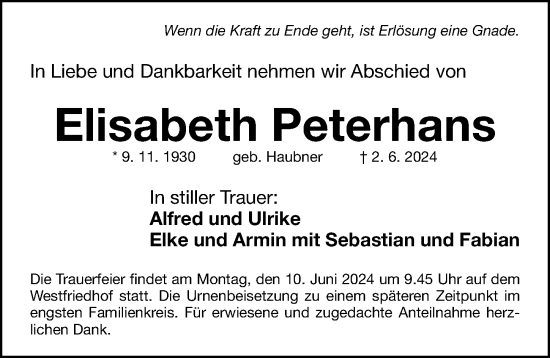 Traueranzeige von Elisabeth Peterhans von Gesamtausgabe Nürnberger Nachrichten/ Nürnberger Ztg.