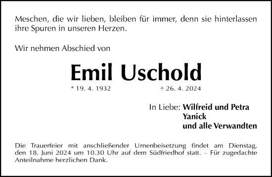 Traueranzeige von Emil Uschold von Gesamtausgabe Nürnberger Nachrichten/ Nürnberger Ztg.