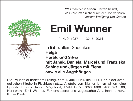 Traueranzeige von Emil Wunner von Gesamtausgabe Nürnberger Nachrichten/ Nürnberger Ztg.