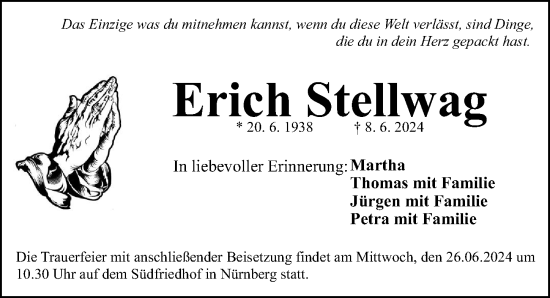 Traueranzeige von Erich Stellwag von Gesamtausgabe Nürnberger Nachrichten/ Nürnberger Ztg.