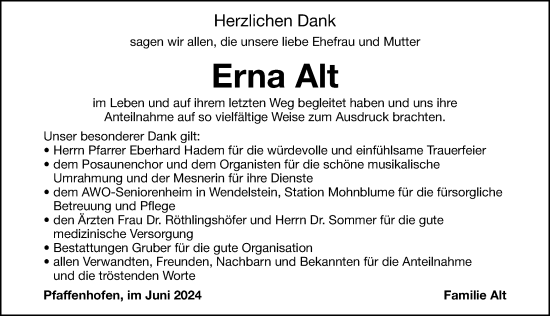 Traueranzeige von Erna Alt von Roth-Hilpoltsteiner Volkszeitung/ Schwabach