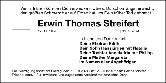 Traueranzeige von Erwin Thomas Streifert von Gesamtausgabe Nürnberger Nachrichten/ Nürnberger Ztg.
