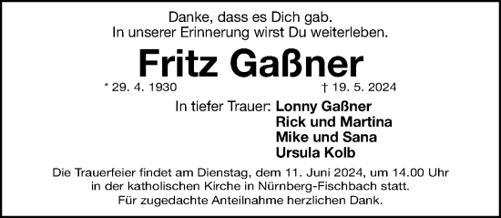 Traueranzeige von Fritz Gaßner von Gesamtausgabe Nürnberger Nachrichten/ Nürnberger Ztg.