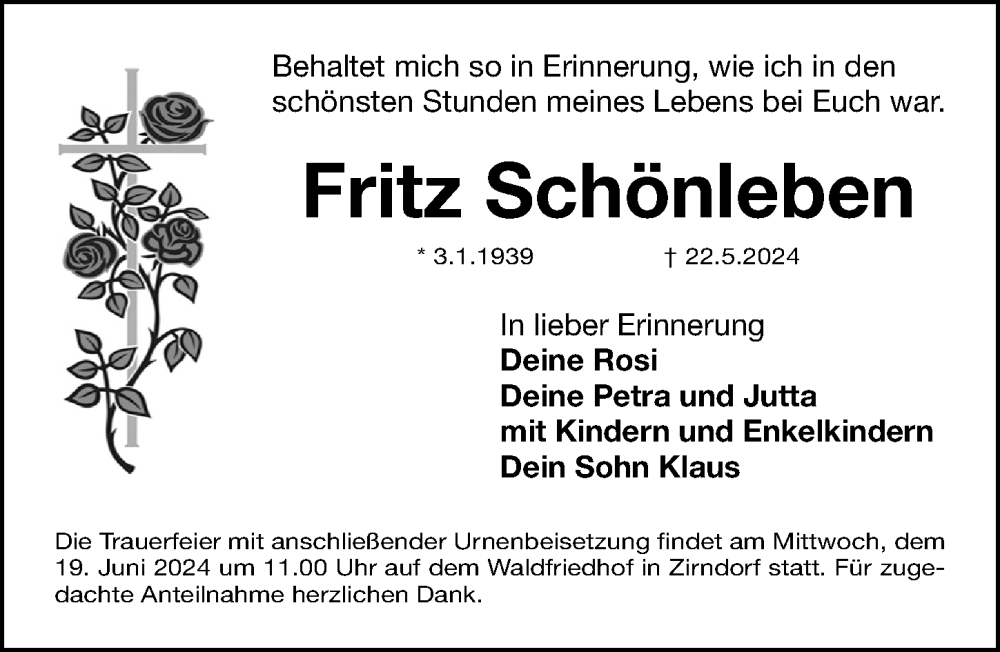  Traueranzeige für Fritz Schönleben vom 15.06.2024 aus Fürther Nachrichten Lokal