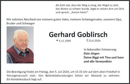 Traueranzeige von Gerhard Goblirsch von Nordbayerische Nachrichten Herzogenaurach Lokal