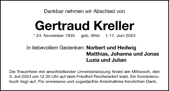 Traueranzeige von Gertraud Kreller von Gesamtausgabe Nürnberger Nachrichten/ Nürnberger Ztg.