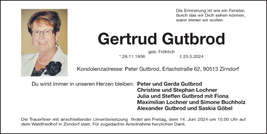 Traueranzeige von Gertrud Gutbrod von Gesamtausgabe Nürnberger Nachrichten/ Nürnberger Ztg.