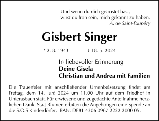 Traueranzeige von Gisbert Singer von Gesamtausgabe Nürnberger Nachrichten/ Nürnberger Ztg.
