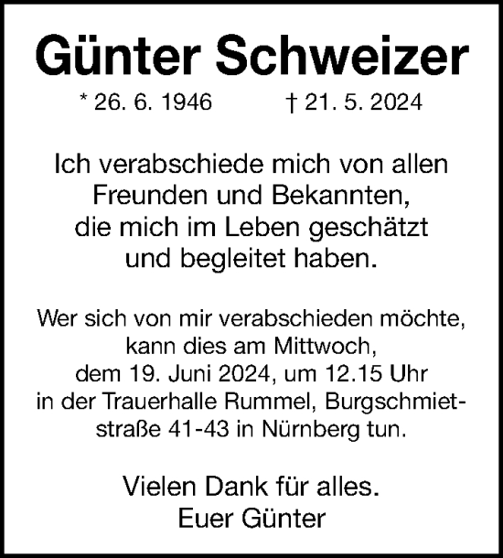 Traueranzeige von Günter Schweizer von Gesamtausgabe Nürnberger Nachrichten/ Nürnberger Ztg.