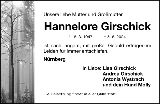 Traueranzeige von Hannelore Girschick von Gesamtausgabe Nürnberger Nachrichten/ Nürnberger Ztg.