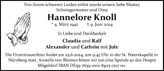 Traueranzeige von Hannelore Knoll von Gesamtausgabe Nürnberger Nachrichten/ Nürnberger Ztg.