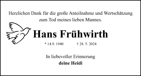 Traueranzeige von Hans Frühwirth von Gesamtausgabe Nürnberger Nachrichten/ Nürnberger Ztg.