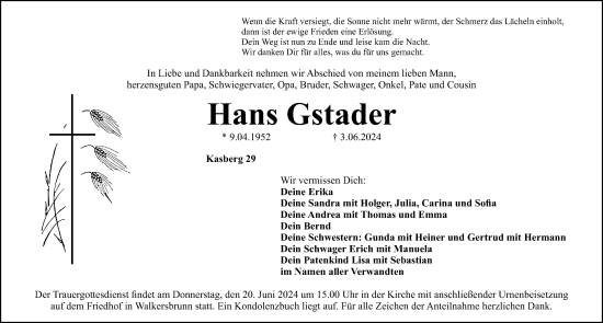 Traueranzeige von Hans Gstader von Nordbayerische Nachrichten Forchheim Lokal
