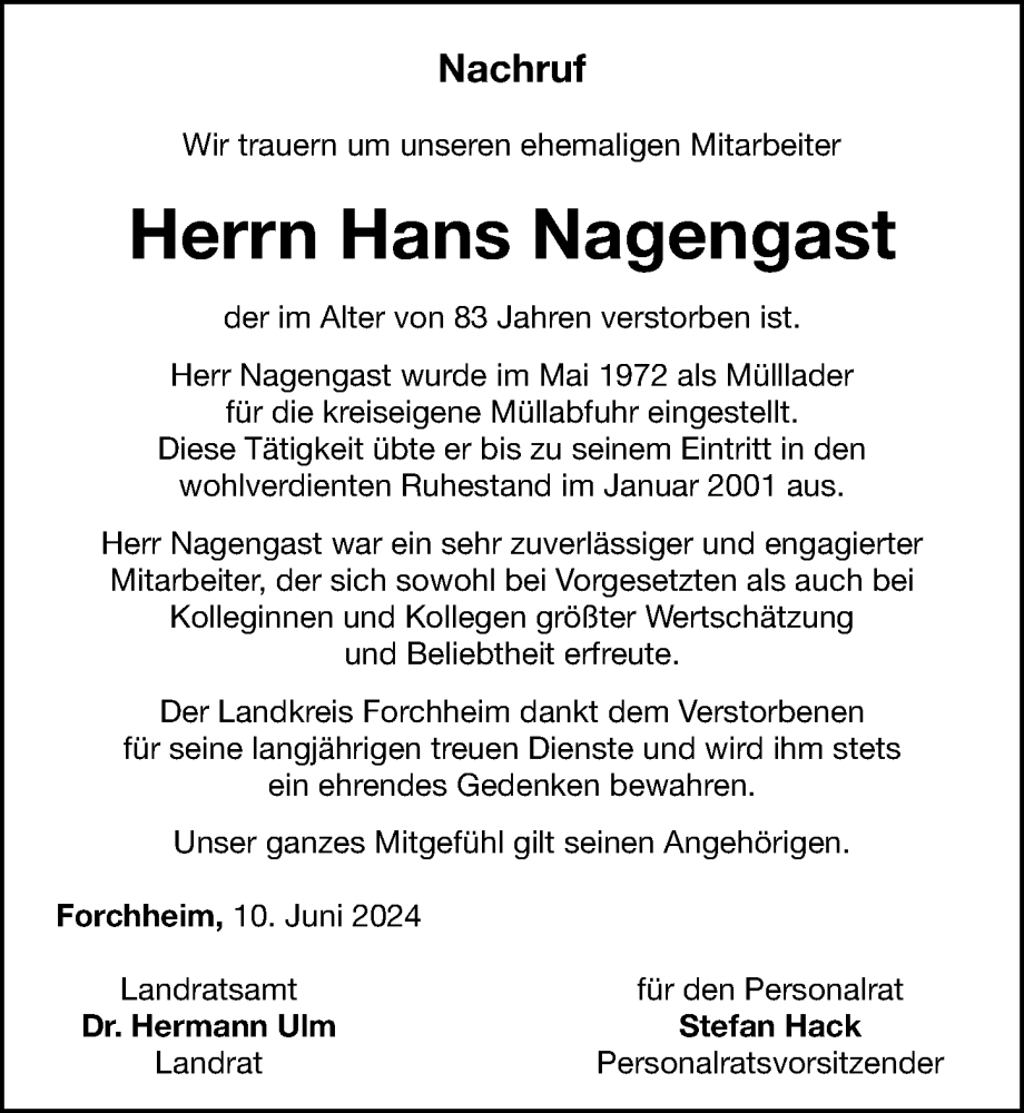  Traueranzeige für Hans Nagengast vom 12.06.2024 aus Nordbayerische Nachrichten Forchheim Lokal