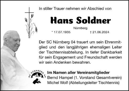 Traueranzeige von Hans Soldner von Gesamtausgabe Nürnberger Nachrichten/ Nürnberger Ztg.