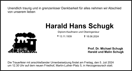 Traueranzeige von Harald Hans Schugk von Nordbayerische Nachrichten Herzogenaurach Lokal