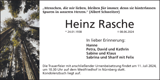 Traueranzeige von Heinz Rasche von Gesamtausgabe Nürnberger Nachrichten/ Nürnberger Ztg.