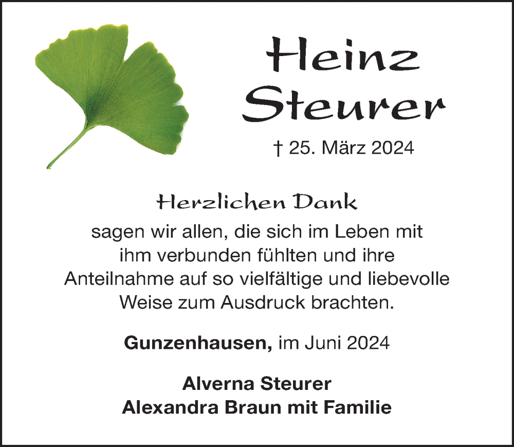  Traueranzeige für Heinz Steurer vom 08.06.2024 aus Altmühl-Bote Lokal