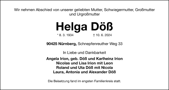 Traueranzeige von Helga Döß von Gesamtausgabe Nürnberger Nachrichten/ Nürnberger Ztg.