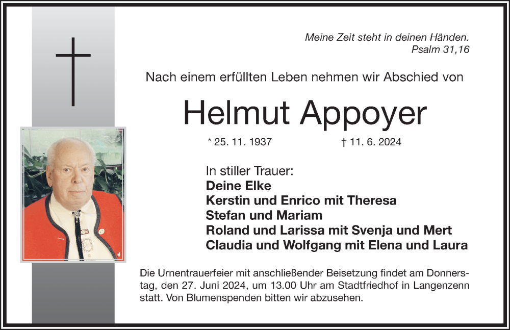  Traueranzeige für Helmut Appoyer vom 22.06.2024 aus Fürther Nachrichten Lokal