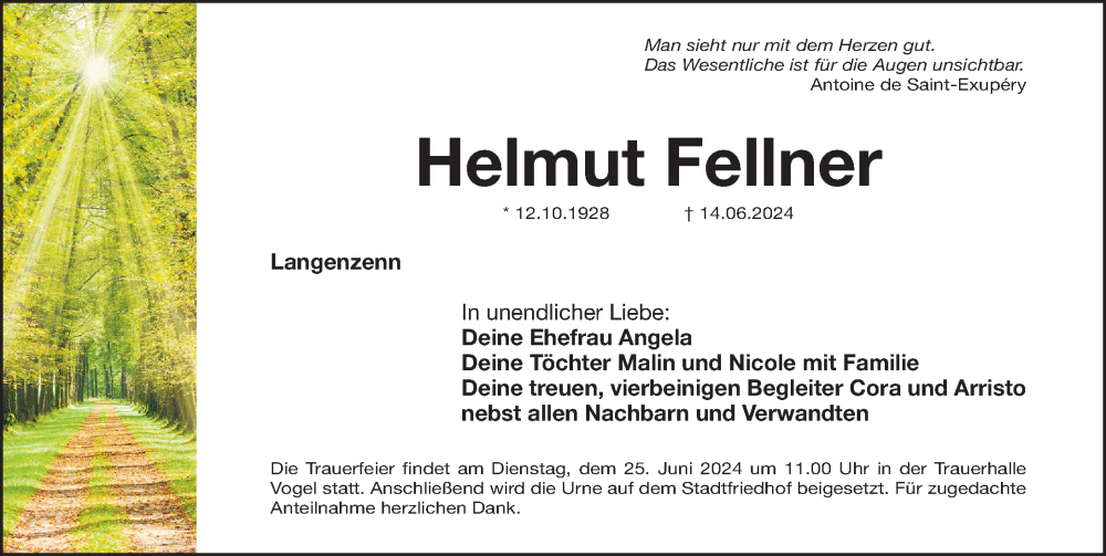  Traueranzeige für Helmut Fellner vom 22.06.2024 aus Fürther Nachrichten Lokal